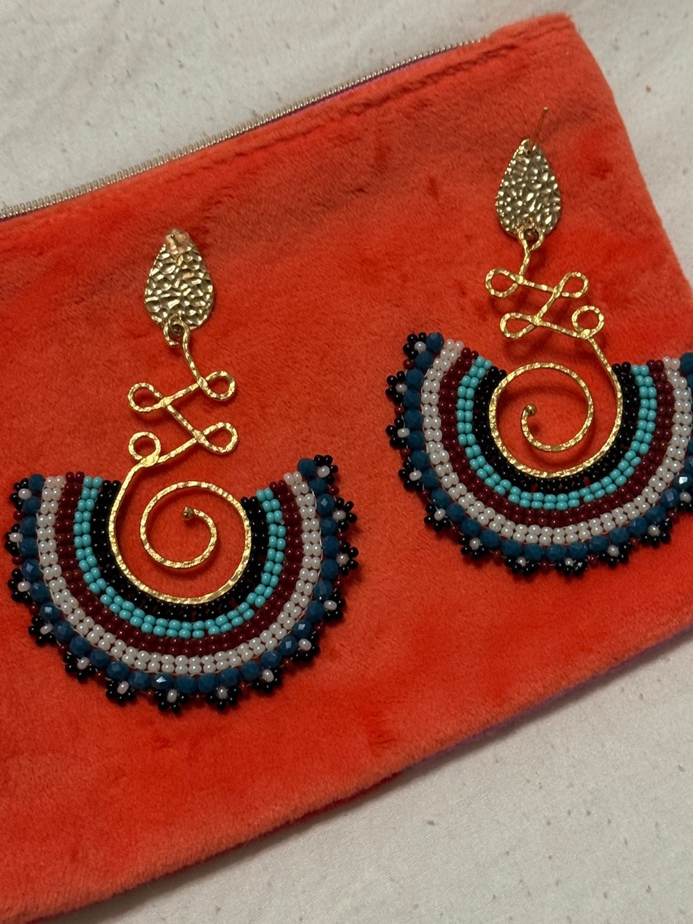 Gold Spiral Beaded Fringe Earrings in Turquoise, Navy & White